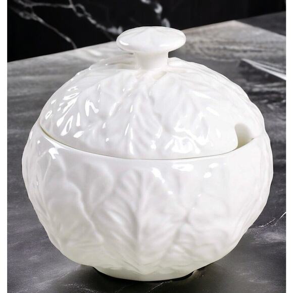Wedgwood Countryware Cabbage Leaf Embossed White Porcelain Covered Marmalade Jar